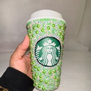 Starbucks cups 16 oz with pearls and rhinestones.